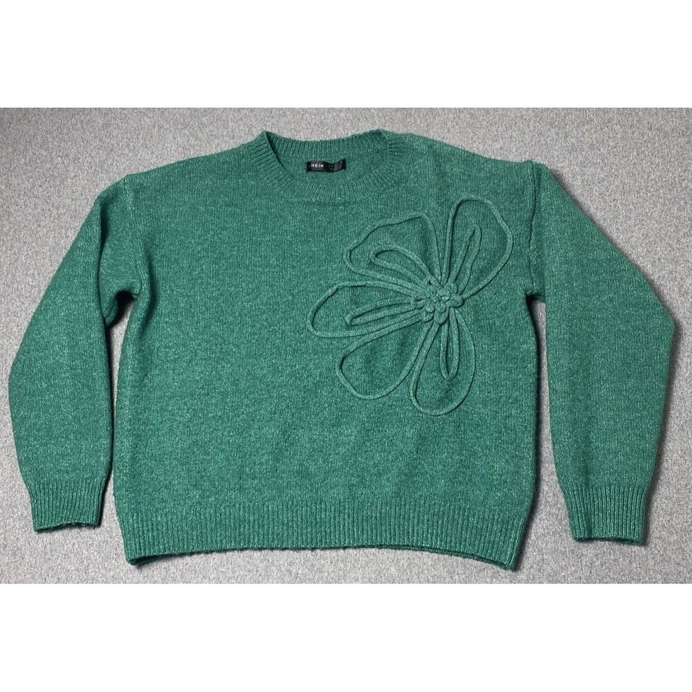 SHEIN 3D Embroidered Flower Round Neck Sweater Warm Knit Sz S Green